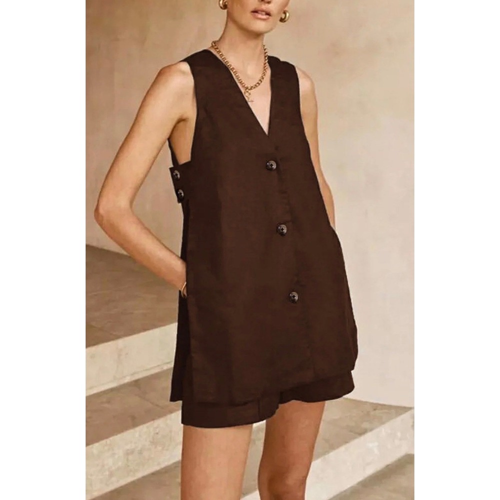 Commense Chocolate Brown Linen Blend Vest